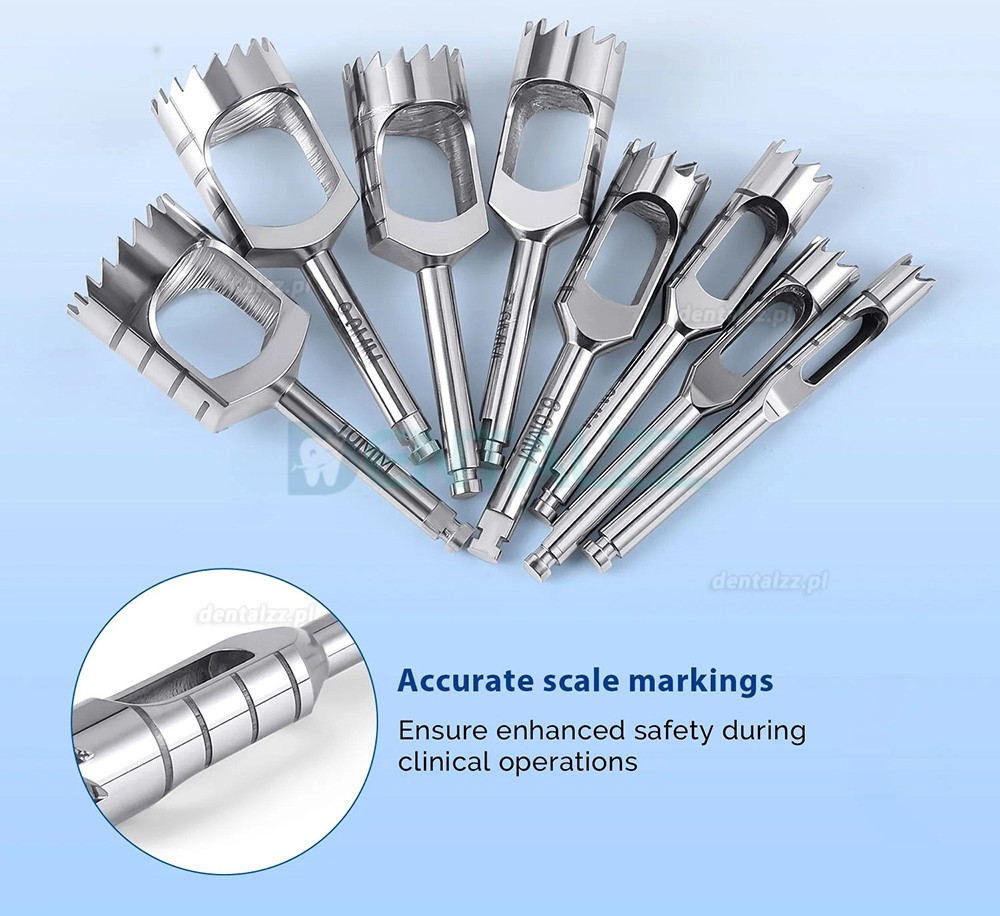 Zestaw Trepan&oacute;w Kostnych Kr&oacute;tkich Implantologicznych 8 Szt.